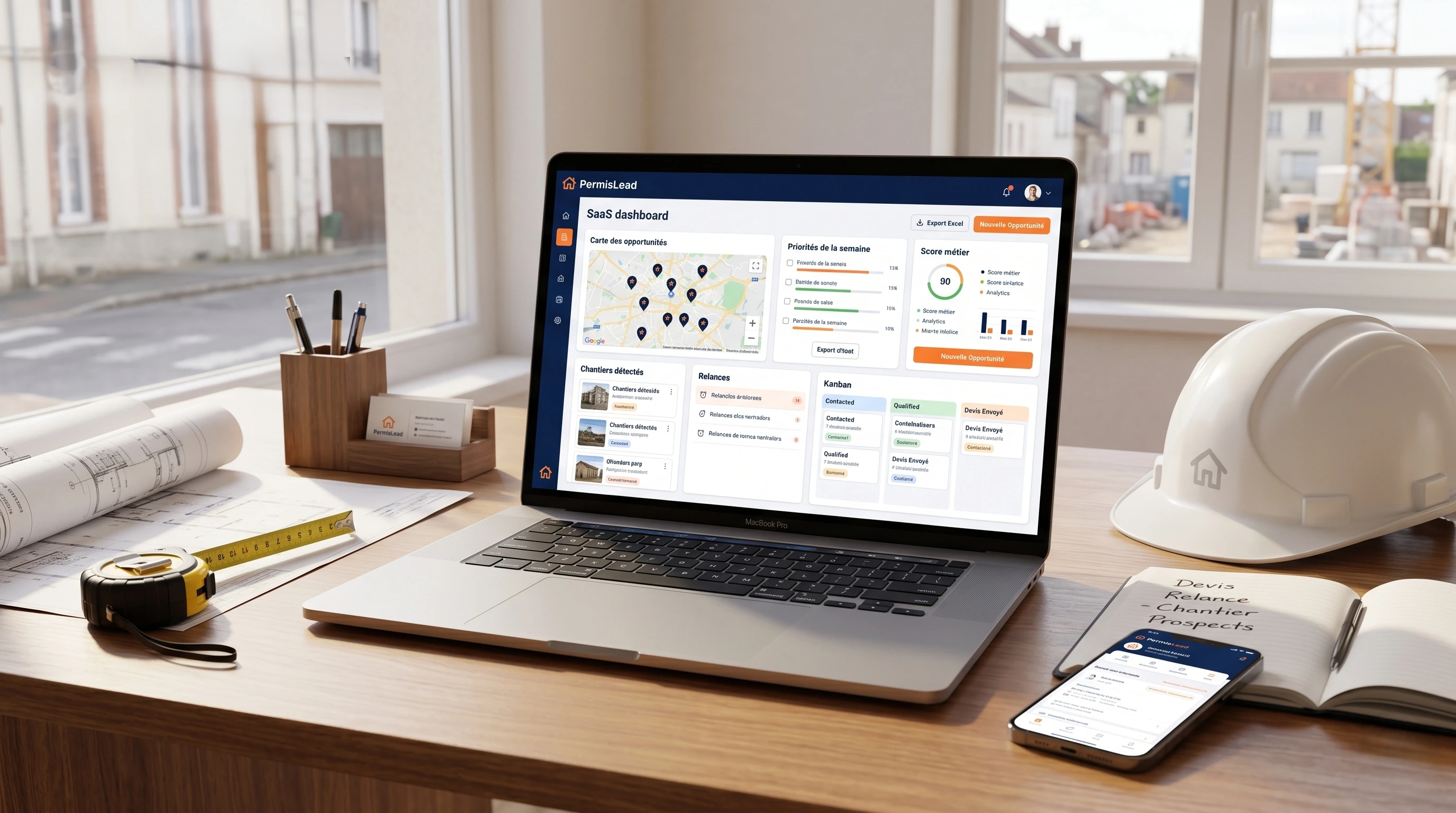 Dashboard PermisLead affichant une carte des opportunités, des priorités de la semaine, un scoring métier et un suivi commercial